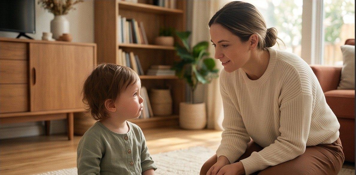 Un parent accroupi à hauteur de son jeune enfant, dans un salon